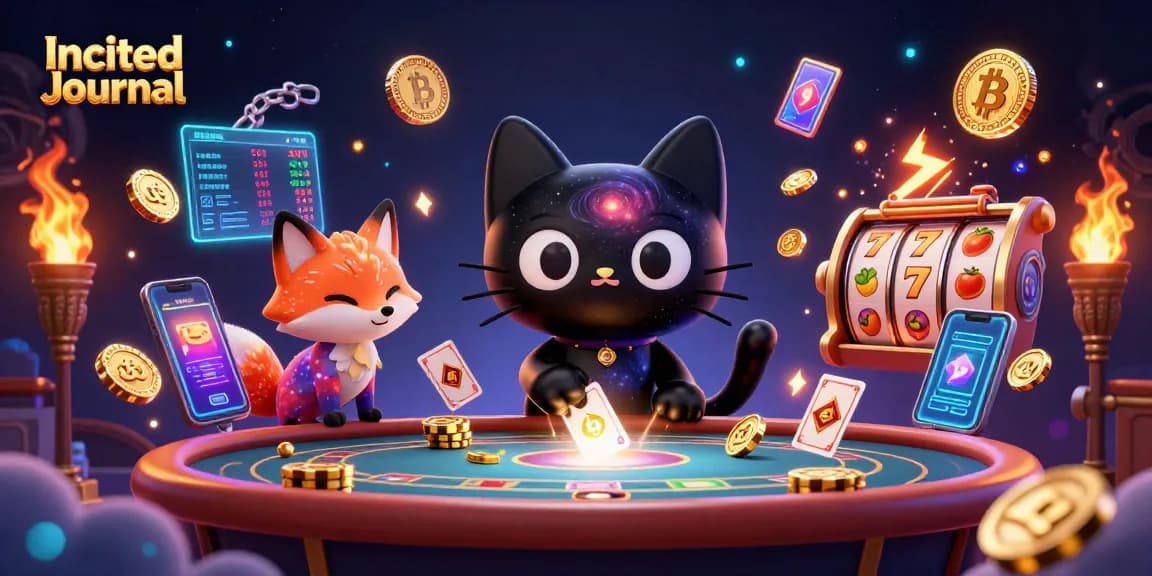 Engage in thrilling gameplay at Incited Journal's cosmic casino with exciting slot reels and vibrant characters.