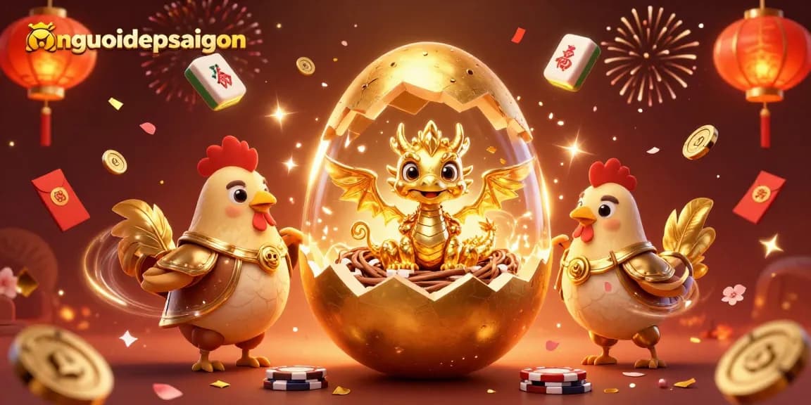 Engage with nguoidepsaigon's thrilling casino atmosphere featuring a golden dragon and poker chips.