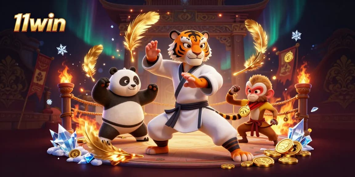 Experience 11win's thrilling kung fu casino atmosphere with tiger, panda, and monkey characters.