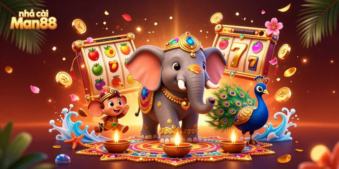Engage with nhà cái Man88's vibrant slots featuring a colorful elephant and peacock in a dynamic 3D scene.