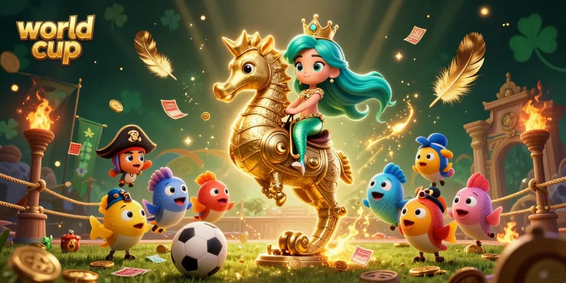 Engage in thrilling world cup betting action with colorful mermaid and seahorse characters.