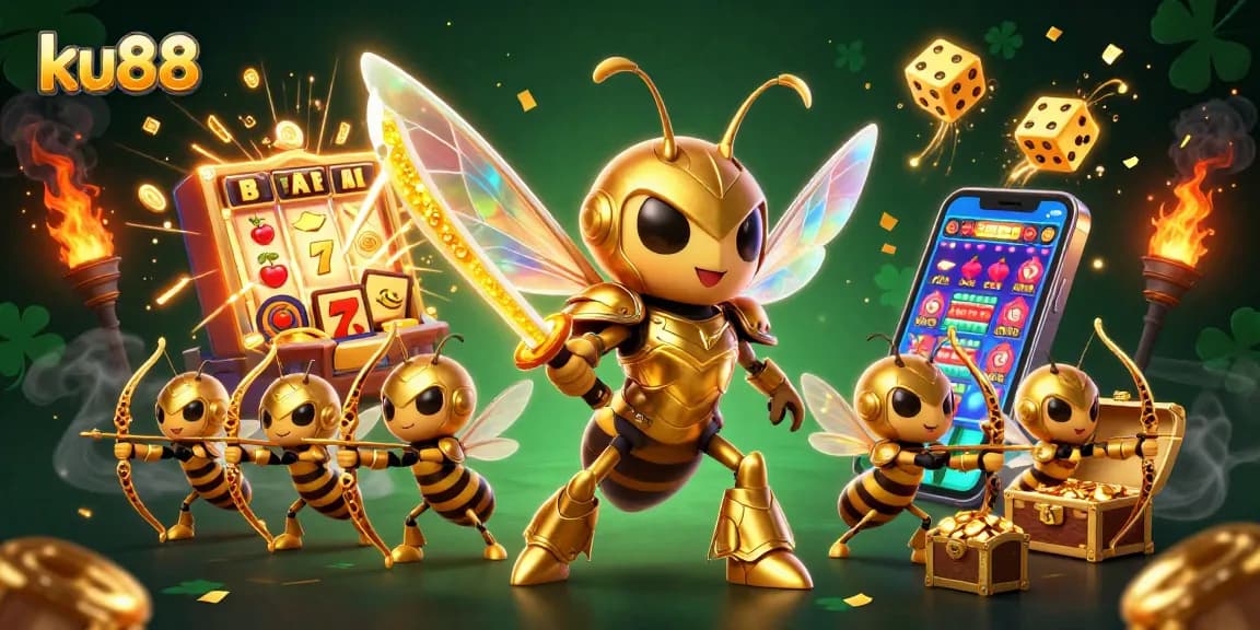 ku88 casino illustration with a golden hornet samurai surrounded by slot machines and treasures