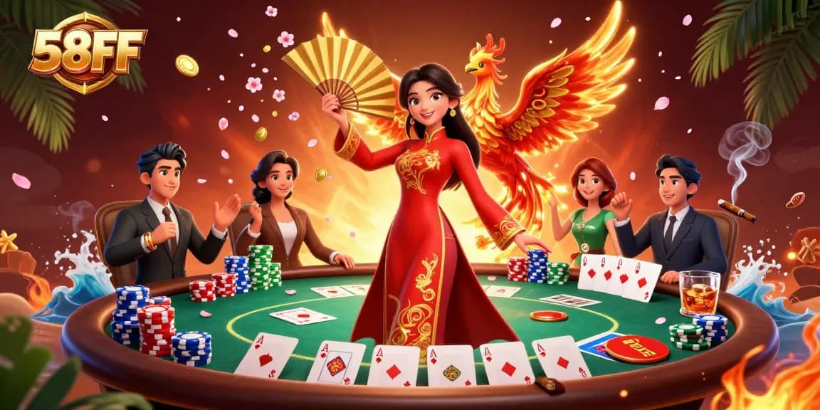 Engage with 58FF casino games featuring a stunning woman and phoenix amidst chips and cards.