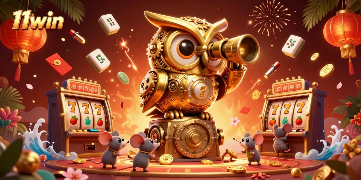 Engage with 11win's vibrant casino scene featuring a dynamic clockwork owl and bustling mice by slot machines.