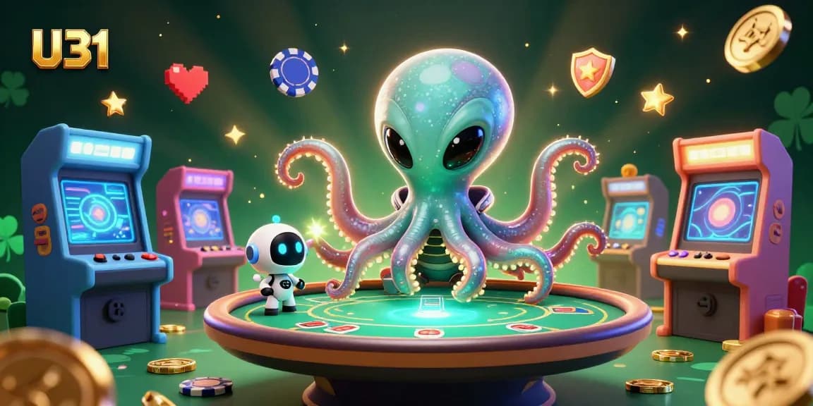 Play exciting games at U31, featuring a futuristic alien octopus at a holographic poker table.