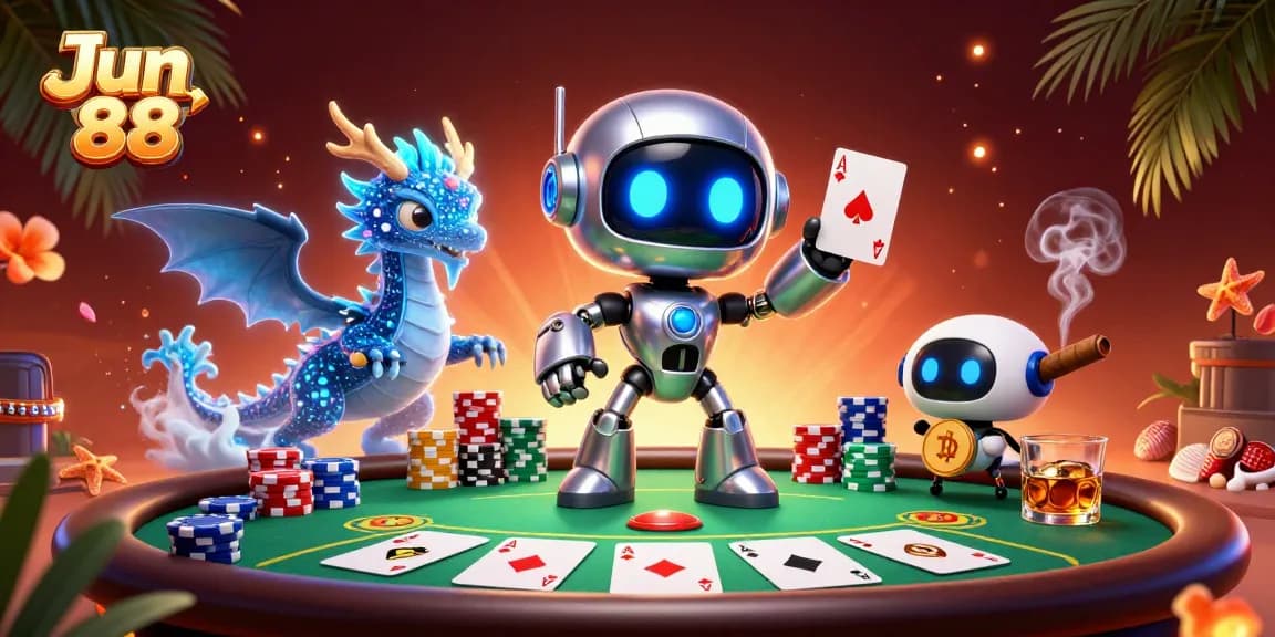 Engage in thrilling poker action with Jun 88 as the animated robot mascot showcases vibrant casino elements.