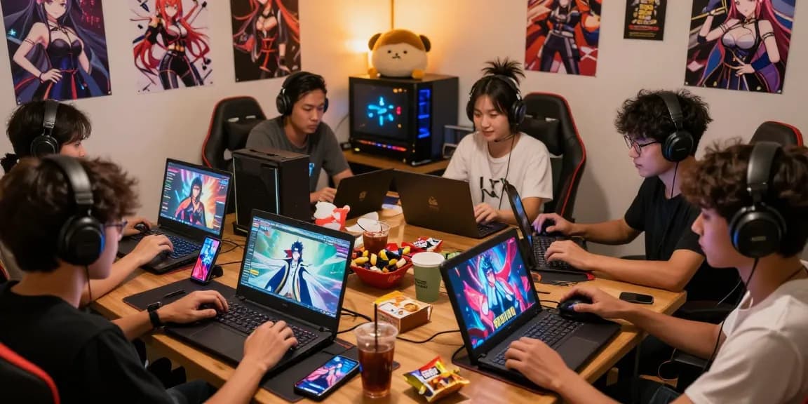 Exciting gaming scene of players enjoying hentai game online on various devices.