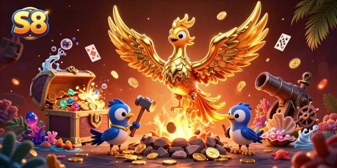 S8 captivates players with a golden phoenix amidst a vibrant treasure scene in this dynamic 3D digital illustration.