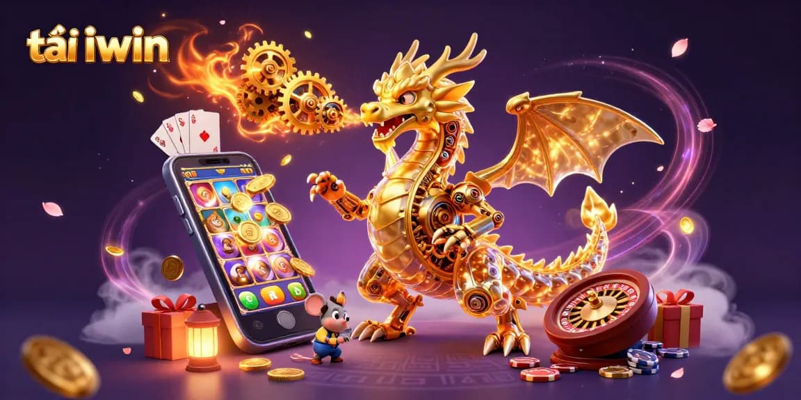 Engage with tải iwin in a vibrant 3D scene showcasing a golden dragon and casino elements.