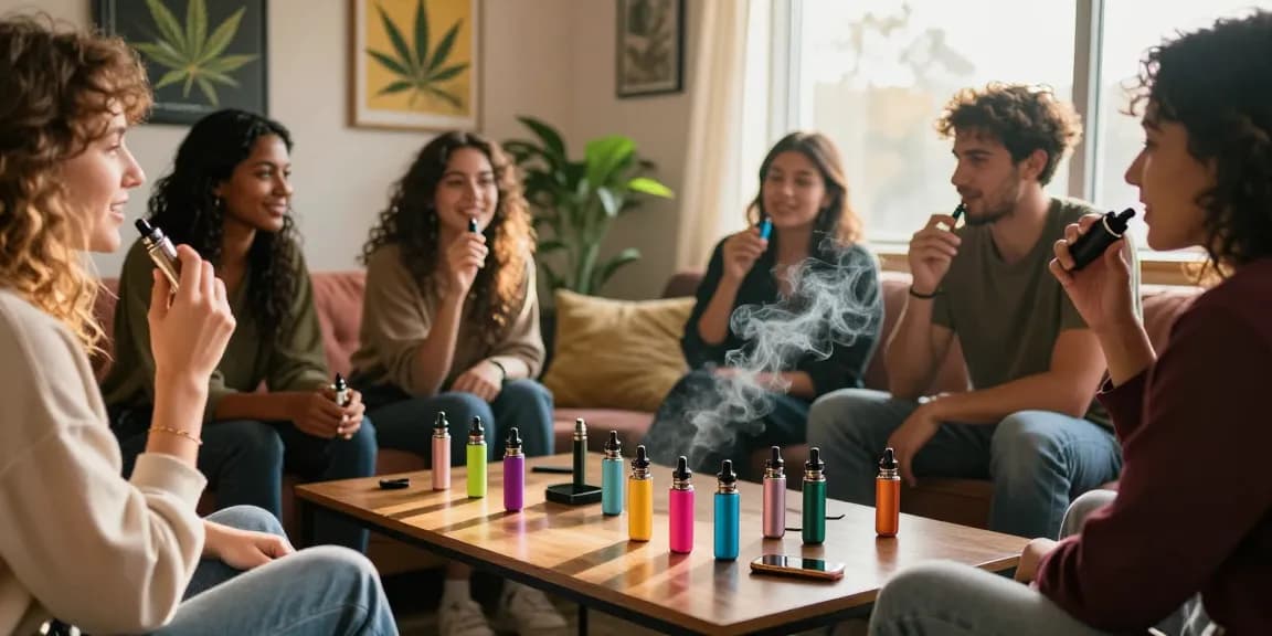 Group enjoying thc vapes in a cozy lounge with stylish decor.