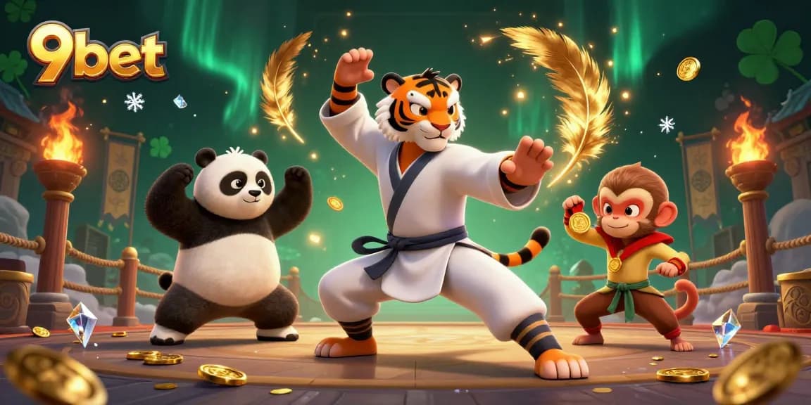 Engaging illustration showcasing 9bet with a kung fu tiger master, mixed with casino elements.