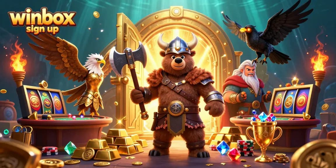 Engage with the vibrant winbox sign up experience featuring a cartoon Viking, Valkyrie, and treasures for online gaming.