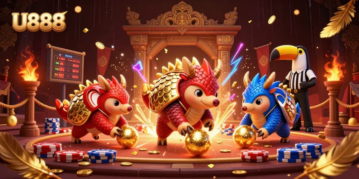 Engage with U888 gaming as rival pangolins battle through vibrant poker chips and gold coins.