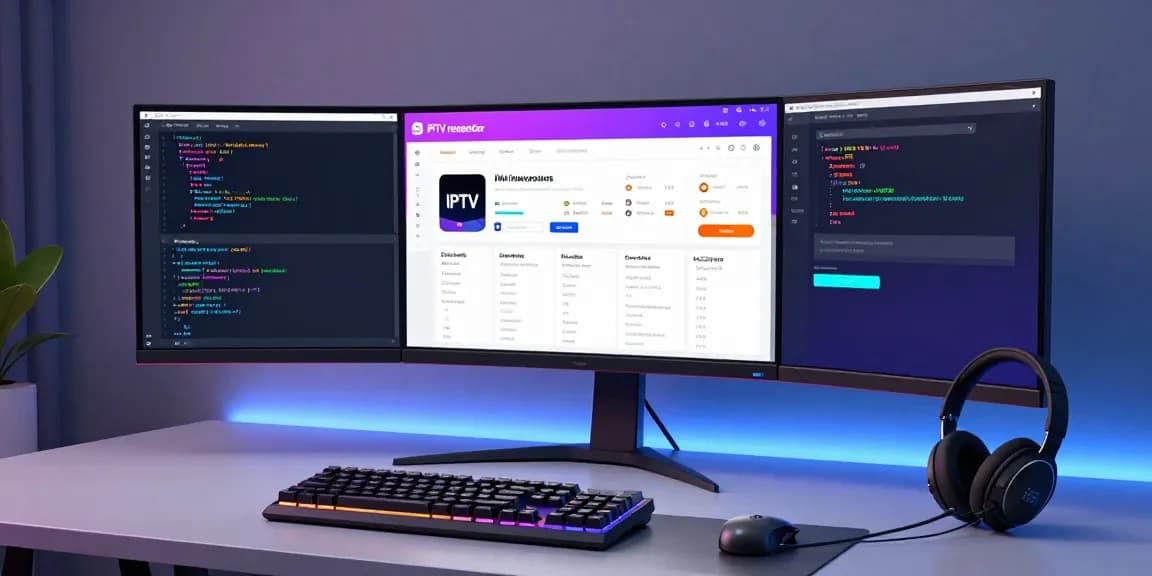 IPTV reseller panel dashboard with advanced software tools in a modern tech workspace.