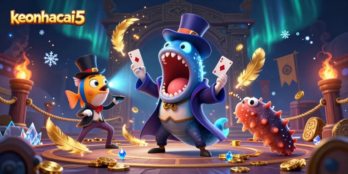 Join keonhacai5 in a magical casino scene with vibrant characters and dynamic gambling elements.