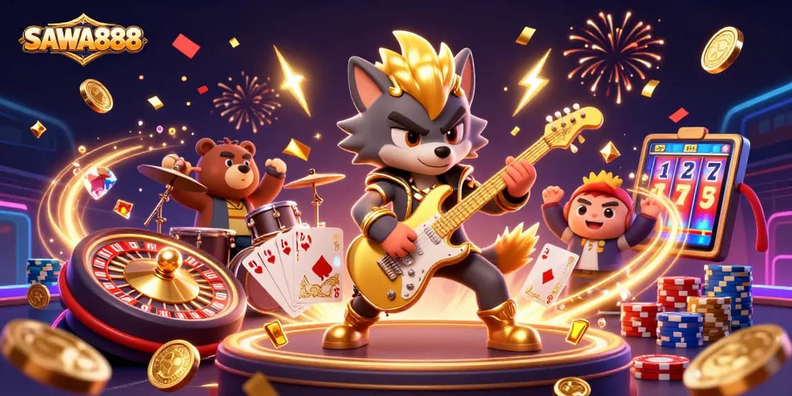 SAWA888 offers thrilling casino action with a vibrant 3D illustration of a rock star wolf and drummer bear.