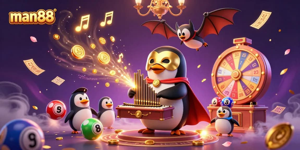 Experience the enchanting world of man88 with a dynamic fantasy casino scene featuring playful characters and vibrant game elements.