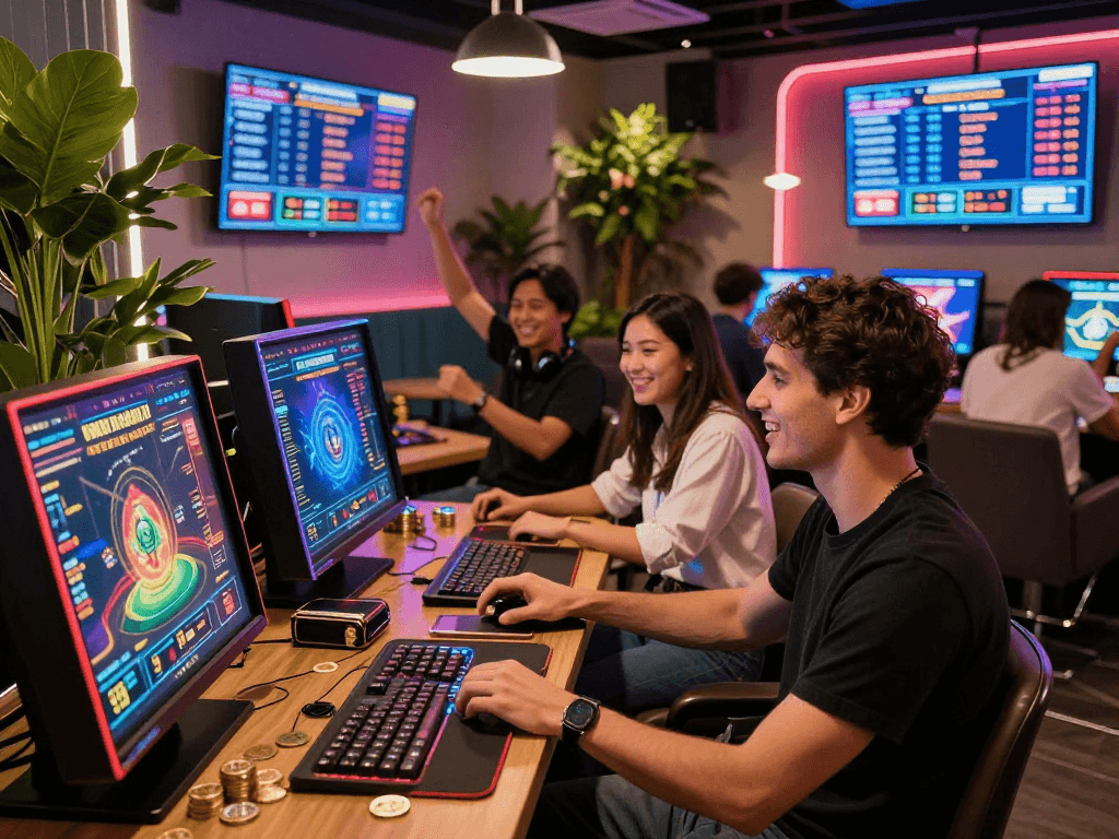 Engaged players at a vibrant crypto casino, showcasing interactive gaming terminals and festive atmosphere.