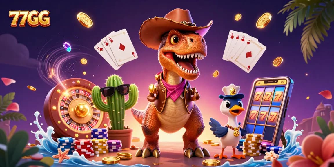 Engage in thrilling 77GG casino action with a T-Rex dinosaur and colorful game elements.