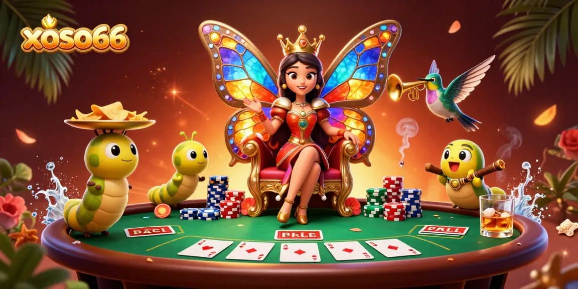 Experience the excitement of xoso66 with vibrant 3D characters, poker elements, and rich casino atmosphere.