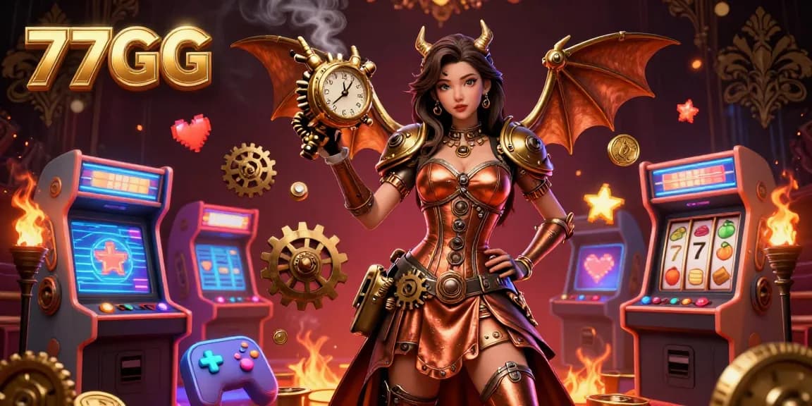 Engage with 77GG's thrilling gaming experience showcasing a vibrant 3D dragon amidst colorful casino elements and slot symbols.