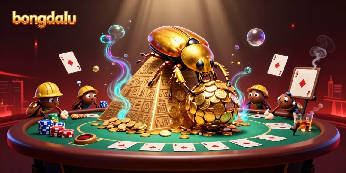 Bongdalu showcases an epic scene with beetles rolling gold coins and poker elements.