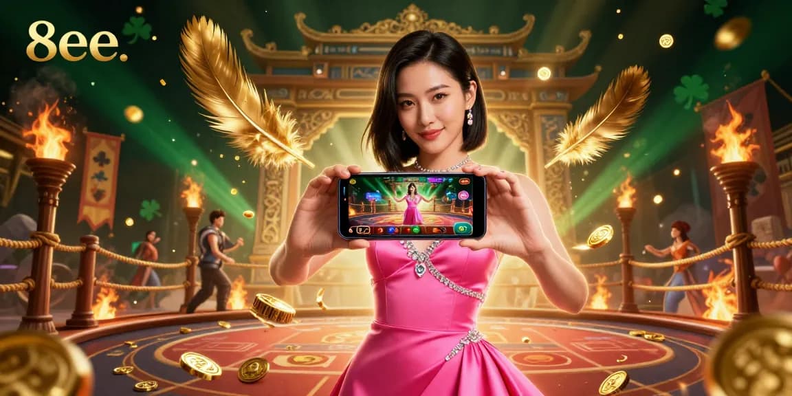 A gamified interaction showcasing 8eee, featuring a confident Asian woman in a pink cocktail dress playing live dealer games amidst dazzling casino elements.