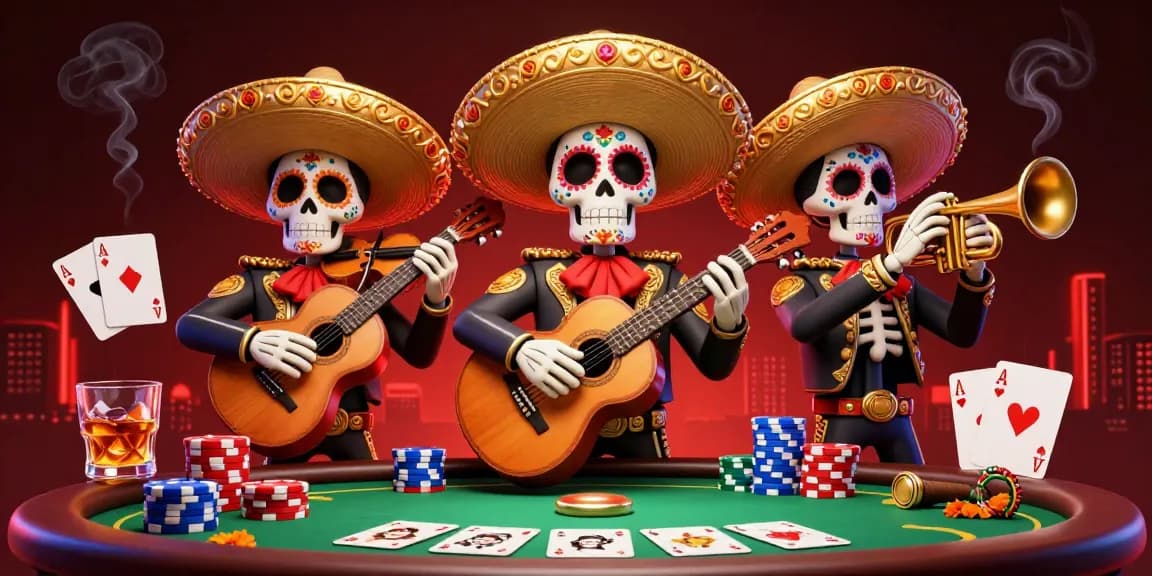 Play poker with vibrant mariachi characters celebrating 11win in a festive casino scene.