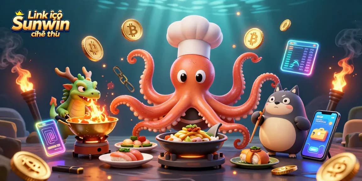 Join the excitement with Link vào Sunwin chính thức, featuring an octopus chef and dragon in vibrant casino dynamics.