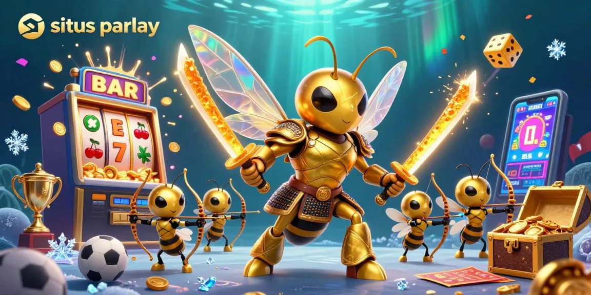 Experience situs parlay in this vibrant 3D illustration of a golden hornet warrior amid exciting betting elements.