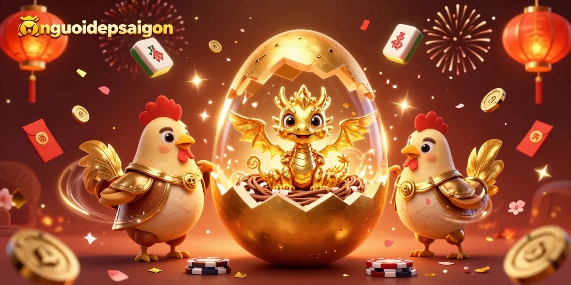 Engage with nguoidepsaigon's thrilling casino atmosphere featuring a golden dragon and poker chips.