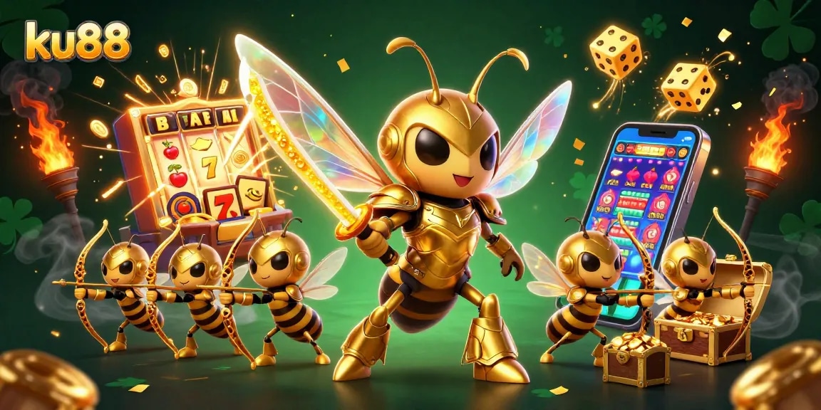 ku88 casino illustration with a golden hornet samurai surrounded by slot machines and treasures