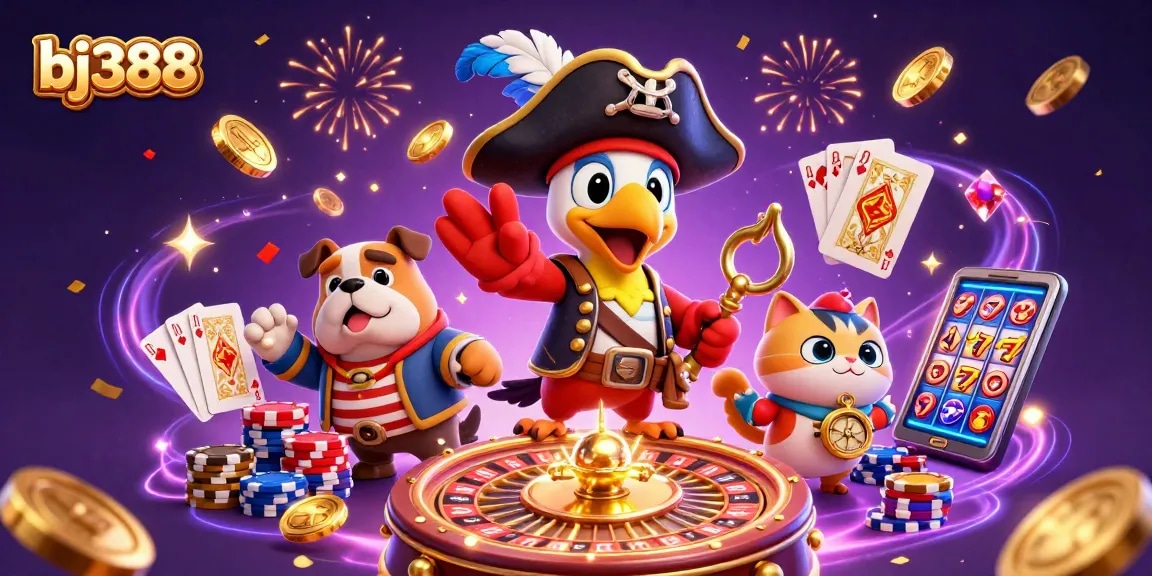 Spin and win at bj388 with dynamic casino characters enjoying a vibrant atmosphere.