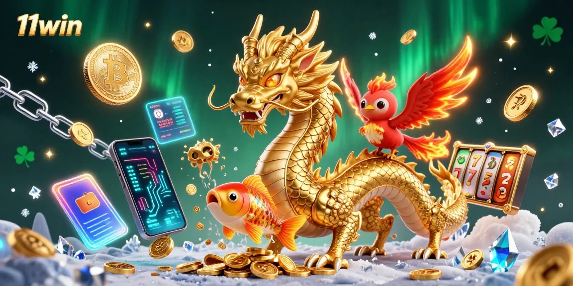 Experience thrilling winnings with 11win's dynamic casino scene featuring a golden dragon and slot elements.