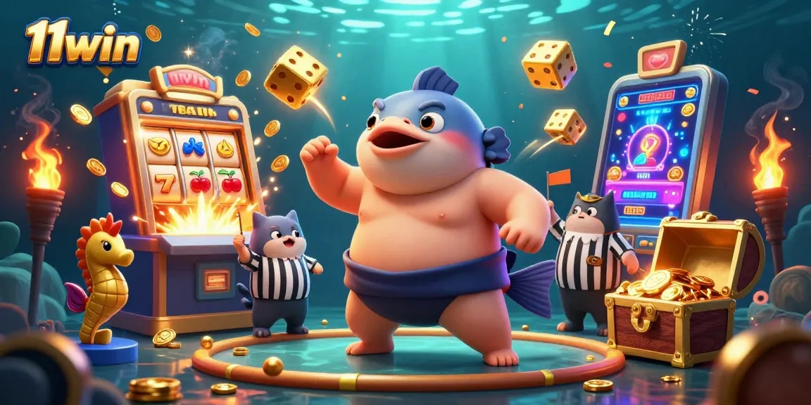 Experience thrilling gameplay at 11win with a vibrant casino scene featuring lively characters and jackpot elements.