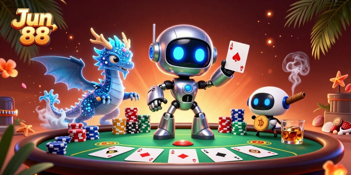 Engage in thrilling poker action with Jun 88 as the animated robot mascot showcases vibrant casino elements.