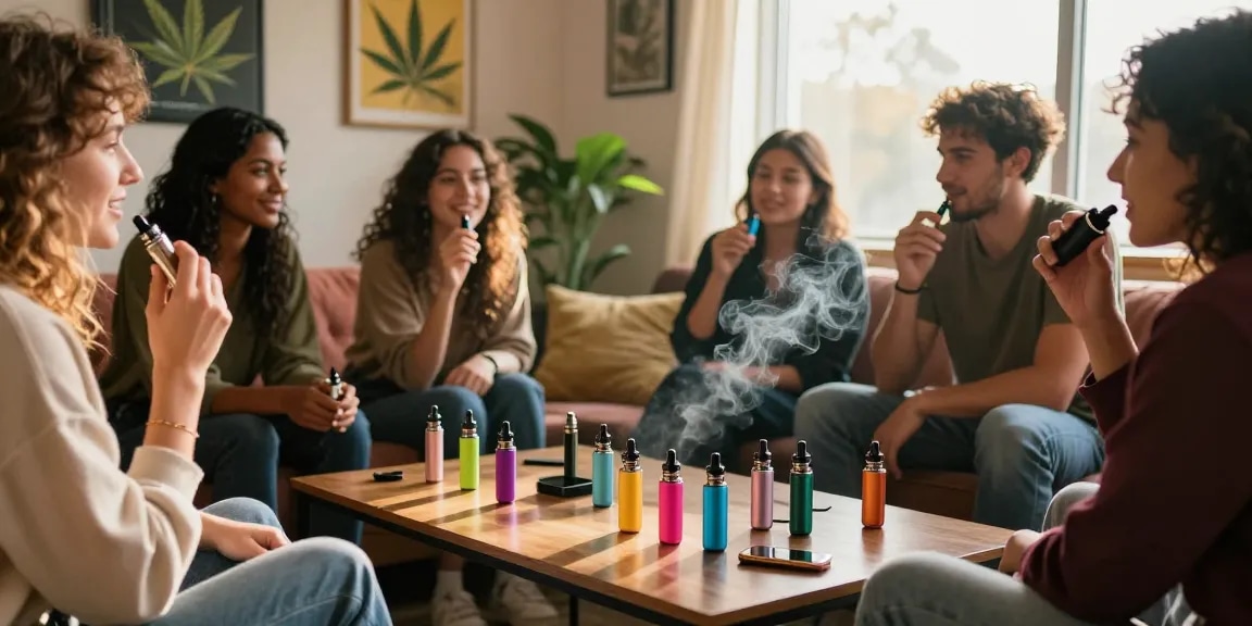 Group enjoying thc vapes in a cozy lounge with stylish decor.