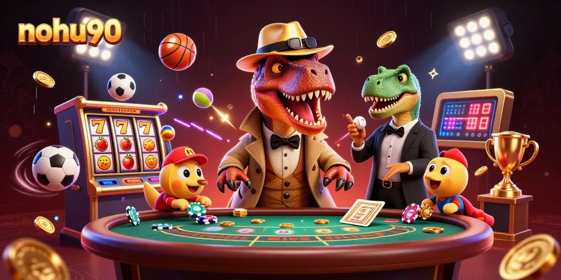 Nohu90 showcases an exciting gambling scene with a velociraptor and stegosaurus amidst dynamic slot and sports action.