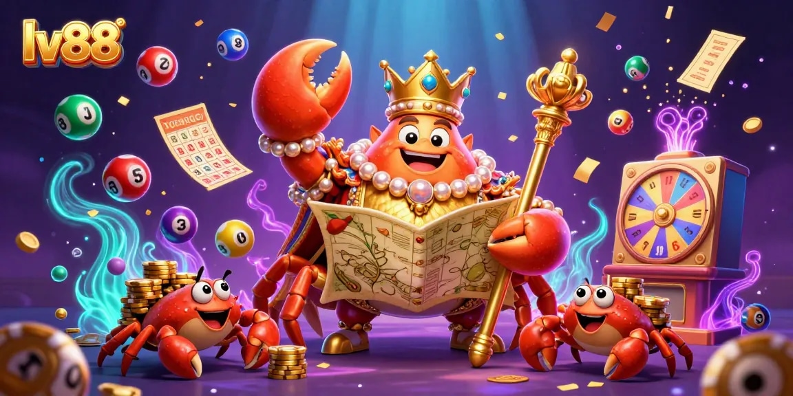 Engage with exciting games at lv88, featuring a vibrant scene of a crab emperor surrounded by colorful lottery elements.