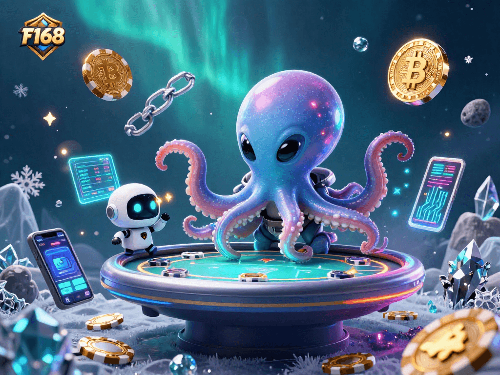 Engage with F168's thrilling poker universe featuring a holographic octopus dealer and vibrant crypto elements.