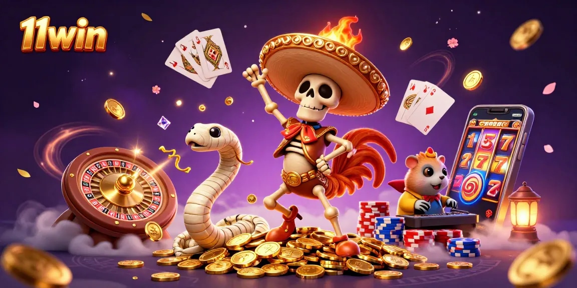 Experience the thrill of 11win with a lively 3D casino scene featuring vibrant characters and gaming elements.