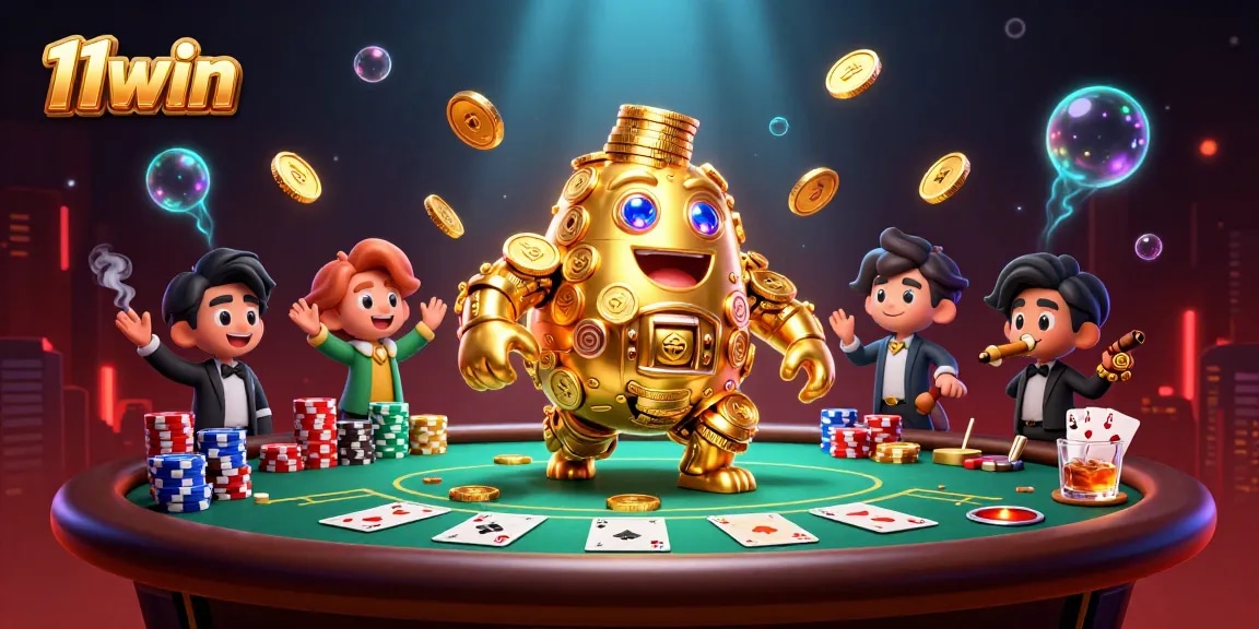 Experience thrilling poker action at 11win with a dynamic scene of a golden golem amidst chips and cards.