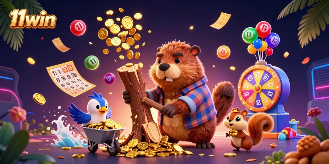 Engage with 11win's thrilling casino adventure featuring gold coin showers and lively characters.