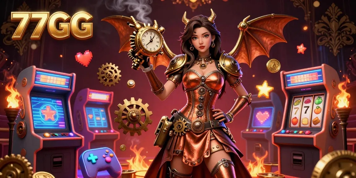 Engage with 77GG's thrilling gaming experience showcasing a vibrant 3D dragon amidst colorful casino elements and slot symbols.