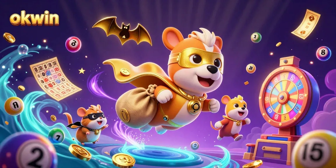 Experience the excitement of okwin with a superhero dog collecting gold coins in a dynamic casino scene.