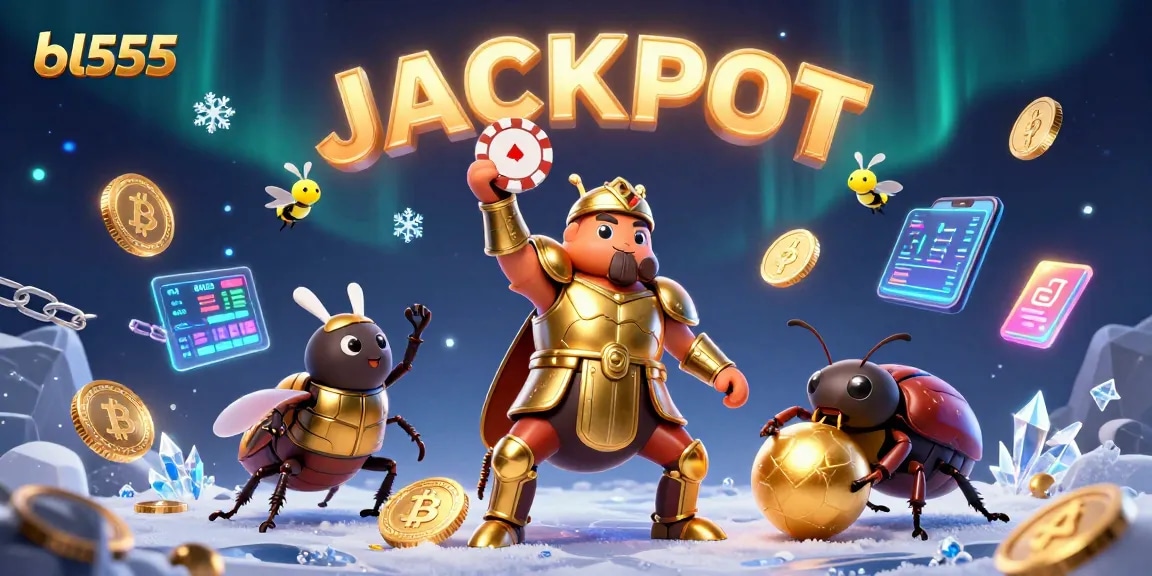 Win big with bl555 in a vibrant 3D casino scene featuring a hero beetle and crypto elements