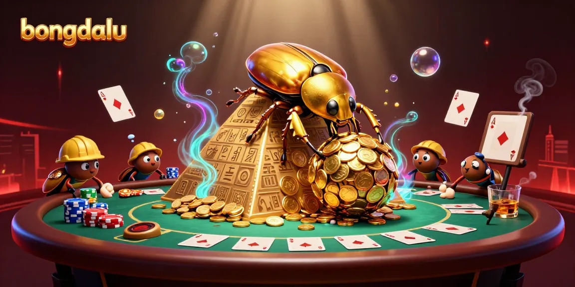 Bongdalu showcases an epic scene with beetles rolling gold coins and poker elements.
