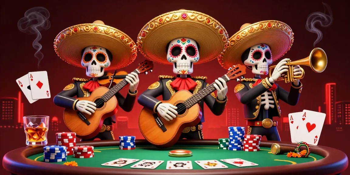 Play poker with vibrant mariachi characters celebrating 11win in a festive casino scene.