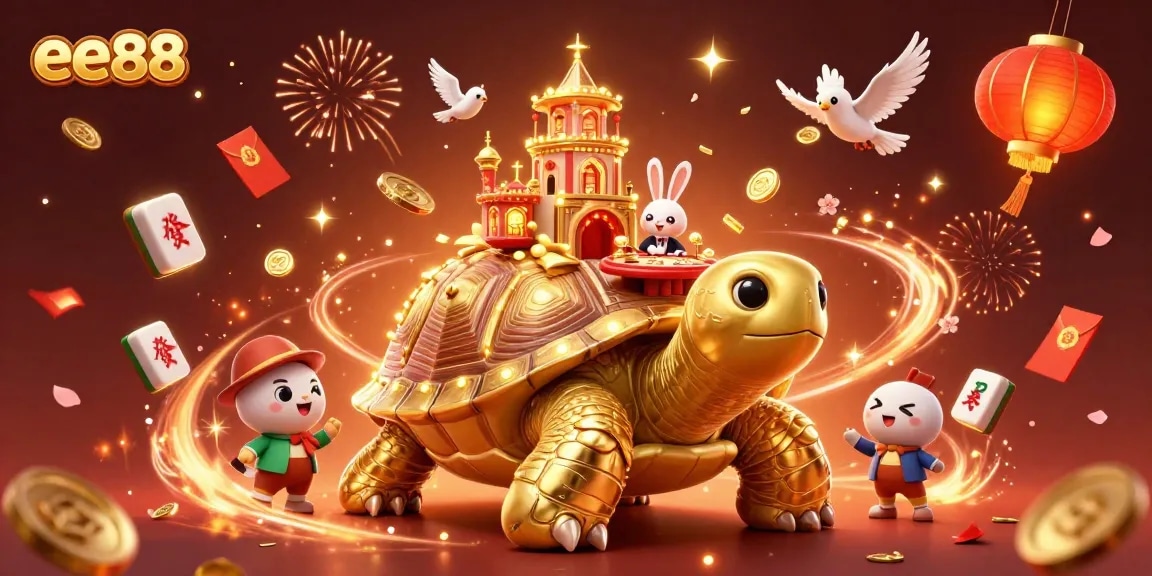 Engage in exciting gameplay at ee88, featuring vibrant casino action with a golden tortoise and festive elements.
