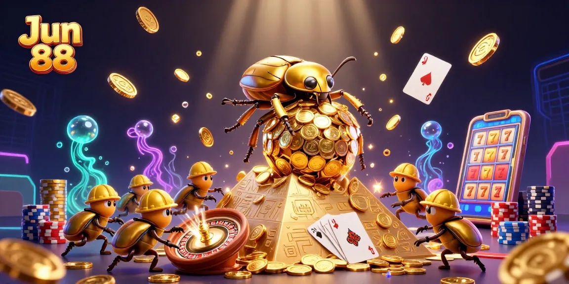 Play slots with Jun 88's immersive casino illustration showcasing golden opportunities and fun.